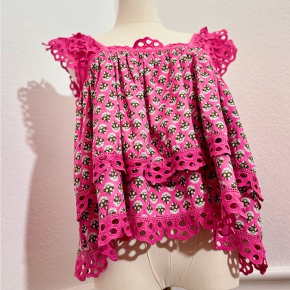 ANTHROPOLOGIE Let Me Be Layered Ruffle Tiered Pink Floral Eyelet Swing Top - Picture 6 of 17